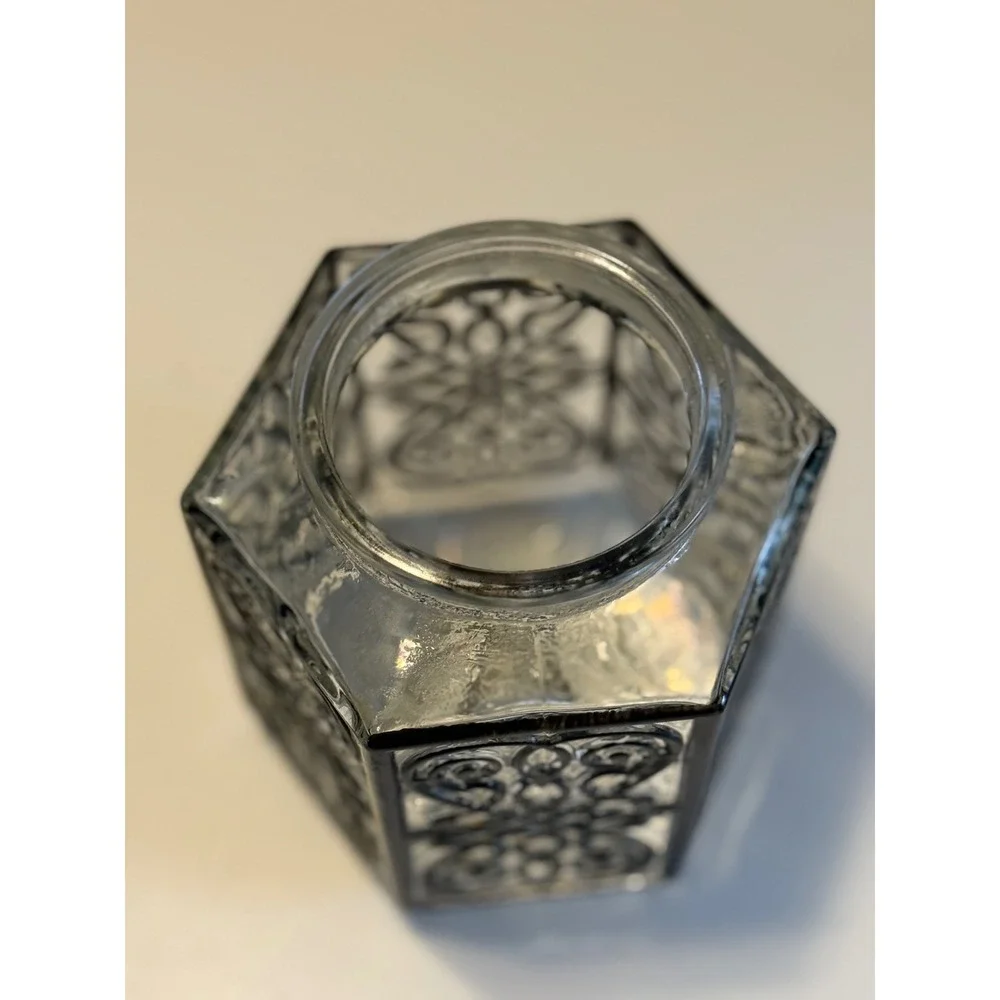 Vintage Hexagonal Clear Glass Black Scroll Filigree Decorative 5.5in Light Cover